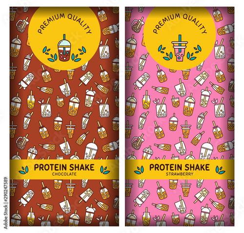 Vector background for protein shake packages, individual pack, labels, stickers. Volumetric, realistic pack for chocolate, strawberry sort of smoothie design. Bottles, shakers, cups, leaves cute patte
