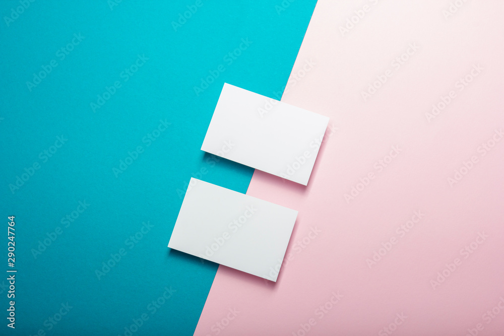 Business cards blank. Mockup on color background. Flat Lay. copy space for text Business cards blank. Mockup on color background. Flat Lay. copy space for text