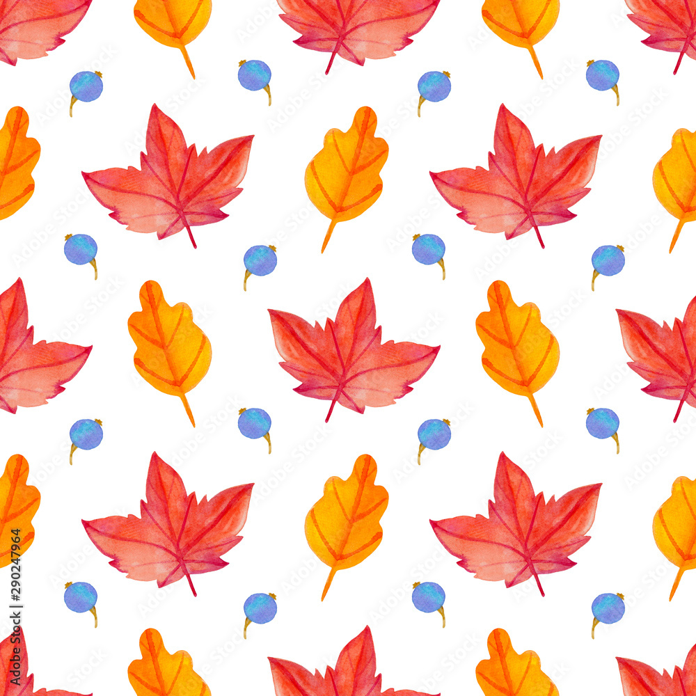 Watercolor autumn pattern with maple leaves