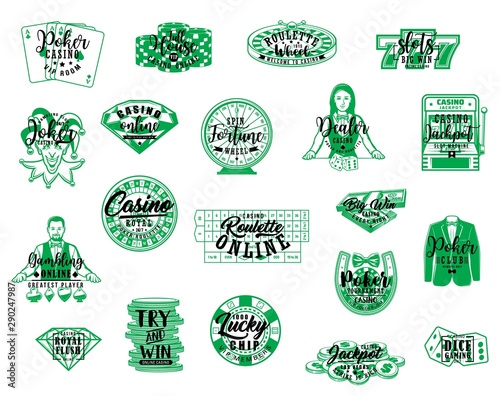 Casino poker, gambling game and jackpot lettering