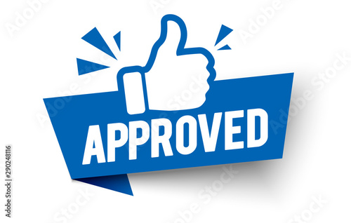 Vector illustration approved label flag with thumbs up icon. photo