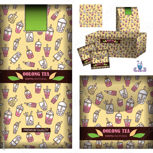 Vector backgrounds for tea design. Realistic template for tea-bags, tea packets and box with label, logo and sticker. Set for oolong tea, beige color palette. Pattern with cups, bottles, drinks