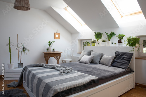 White  bright and cozy space of bedroom in attic apartment with double bed and plants as a decor. Interior in scandinavian style.