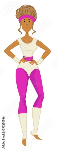 Girl in 80s fitness outfit, 1980s fashion, swimsuit and leggins