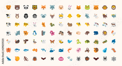 All Animals Vector Icons, Emojis Set. Colored Line Wildlife Symbols. Animal Face, Head Emojis, Emoticons Set, Collection.