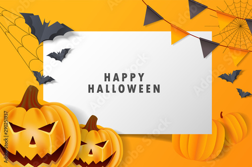 Happy Halloween Party Background. pumpkins, bats, cat, cobwebs, Paper art. Vector