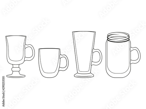 Collection of empty mulled wine glasses. Object for packaging, advertisements, menu. Isolated on white. Vector illustration. Black and white.