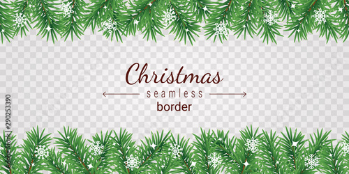 Christmas tree seamless border on transparent background - garland from green spruce branches and white snowflakes.