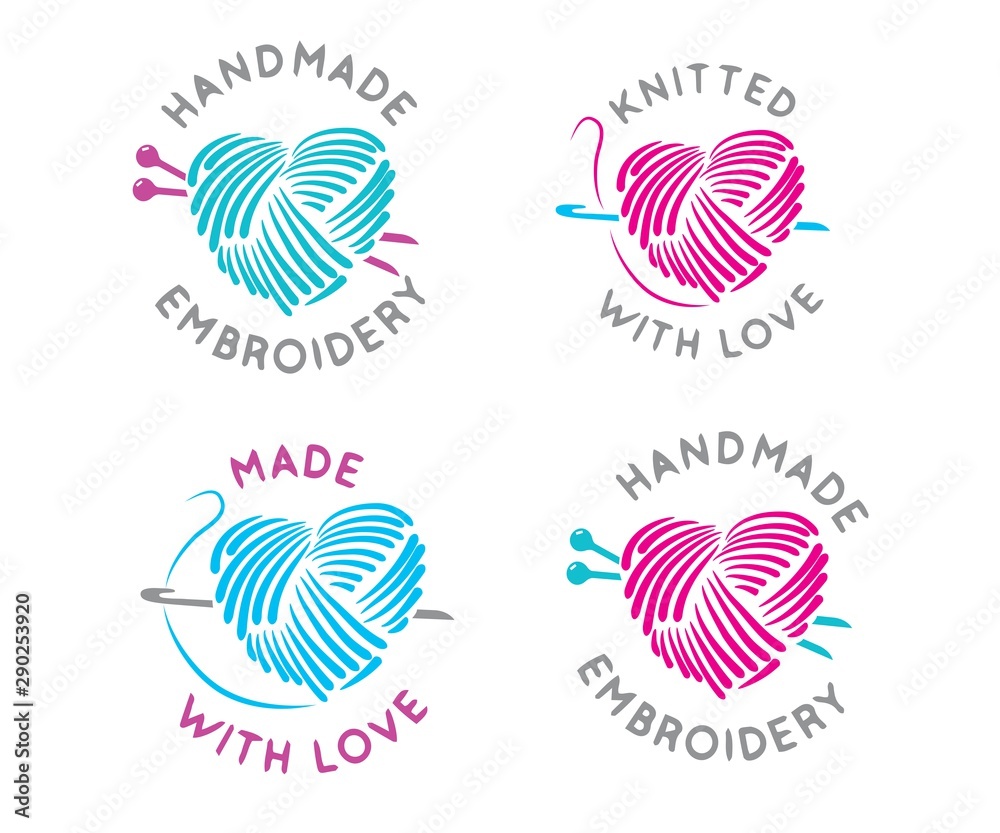 Vector set of logo design templates in made and knitted with love, simple linear style - handmade fashion and crafts badges - emblems handmade embroidery, Vector set of logo design templates in made and knitted with love, simple linear style - handmade fashion and crafts badges - emblems handmade embroidery,