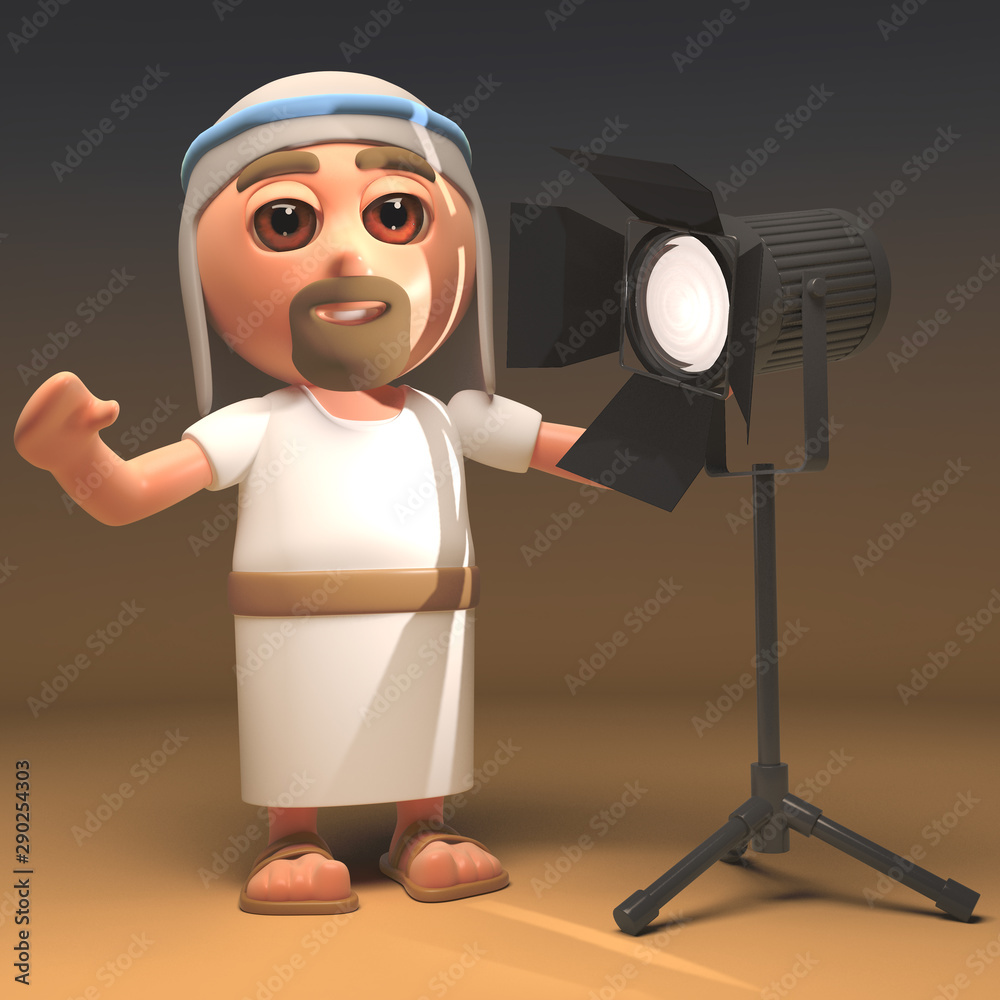Cartoon Jesus Christ character in 3d standing in front of a studio light,  3d illustration Stock Illustration | Adobe Stock