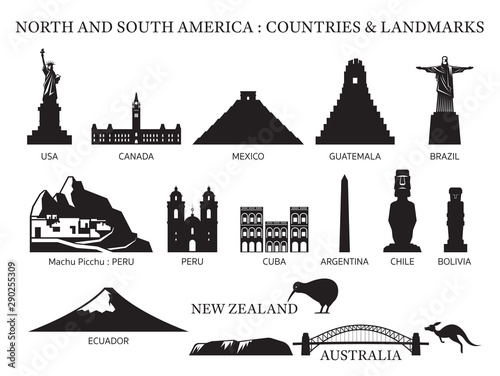 America Continent and Australia Countries Landmarks Silhouette