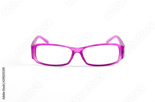 Purple frame glasses isolated on white background.