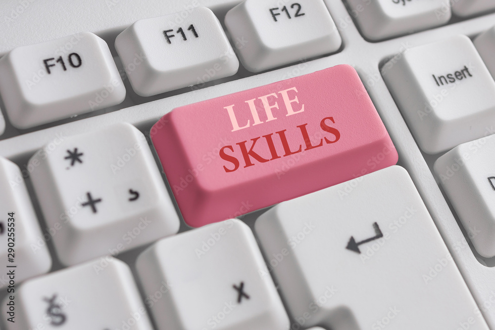 Text sign showing Life Skills. Business photo text skill that is necessary for full participation in everyday life White pc keyboard with empty note paper above white background key copy space Text sign showing Life Skills. Business photo text skill that is necessary for full participation in everyday life White pc keyboard with empty note paper above white background key copy space