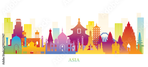 Asia Skyline Landmarks Colorful Silhouette