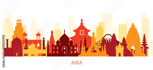 Asia Skyline Landmarks Colorful Silhouette