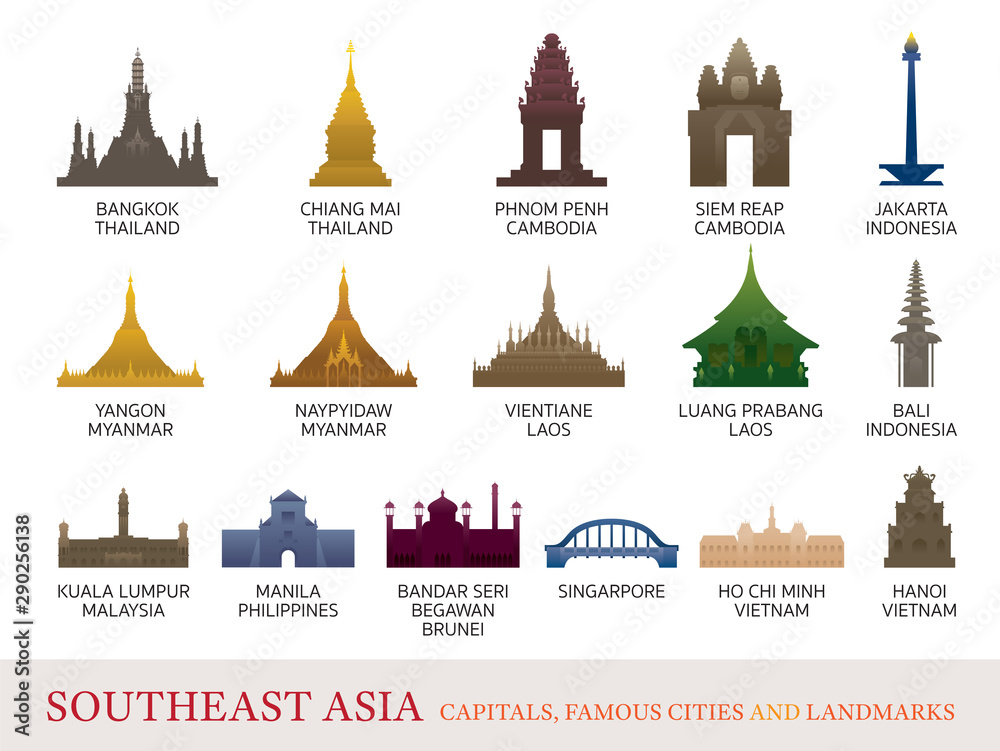Southeast Asia Cities Landmarks Colorful Silhouette