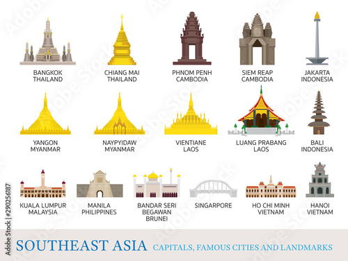 Southeast Asia Cities Landmarks in Flat Style