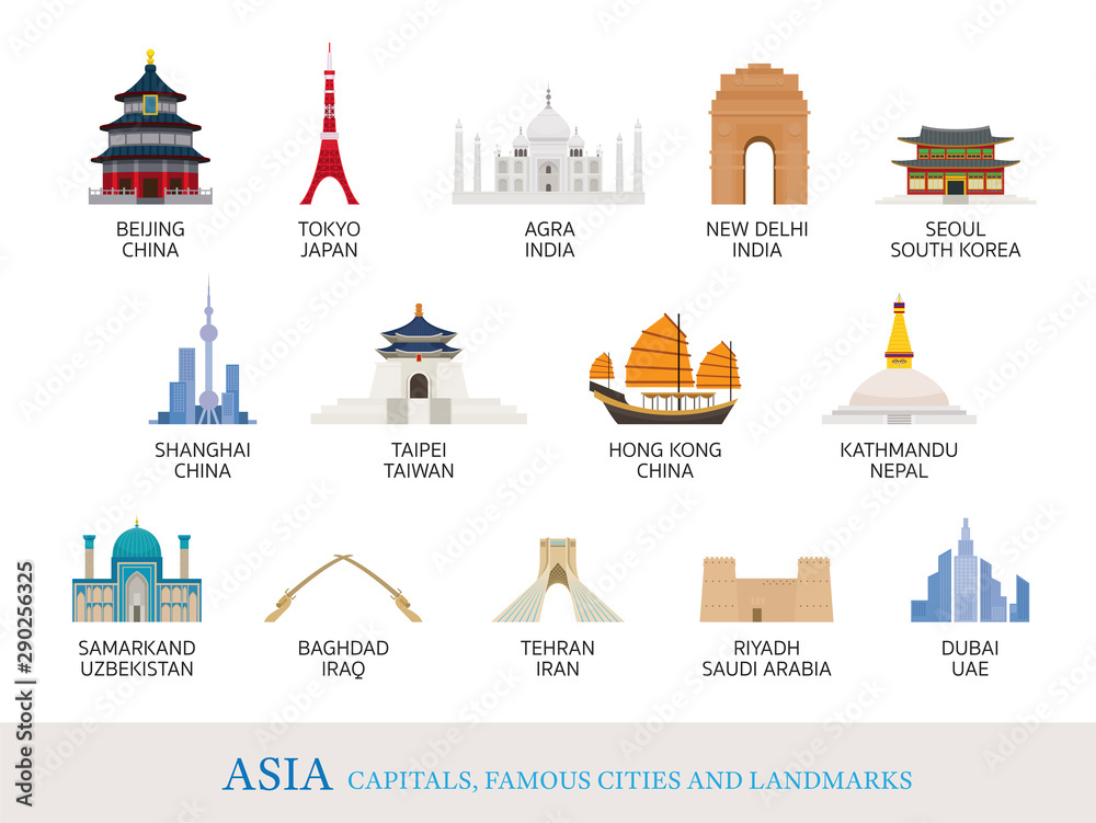Asia Cities Landmarks in Flat Style