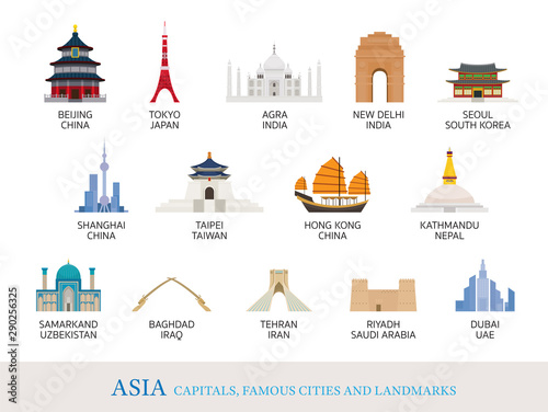 Asia Cities Landmarks in Flat Style