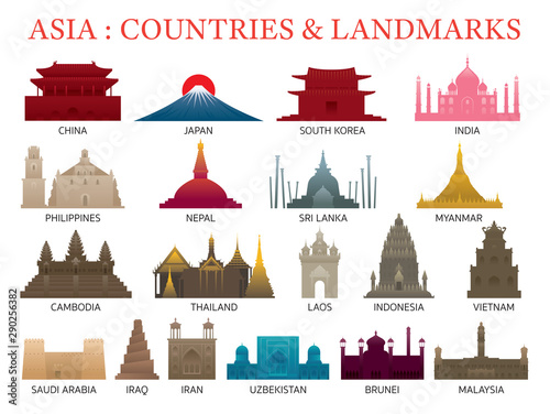 Asia Countries Landmarks Colorful Silhouette