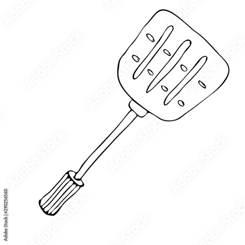 Hand drawing spatula for a frying pan. Outline sketch of turner for cook food. Kitchen accessories. Tools for cooking. Isolated on white background. Vector illustration.