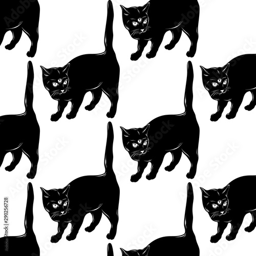 Vector pattern with hand drawn illustration of cat with three eyes.
