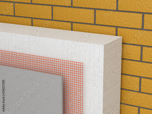 Set for insulation of walls of polystyrene block and fiberglass mesh and plasters.