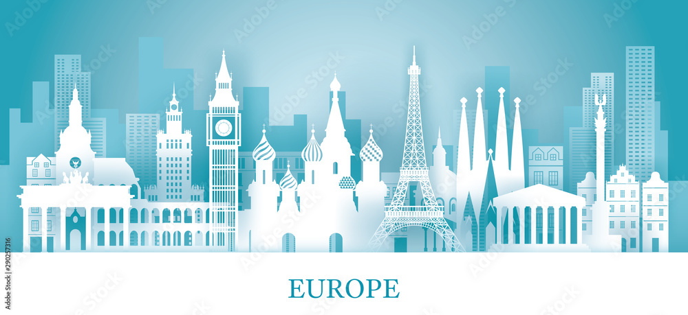 Europe Skyline Landmarks in Paper Cutting Style
