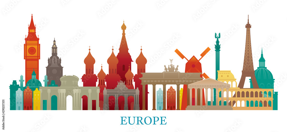 Europe Skyline Landmarks Colorful Silhouette
