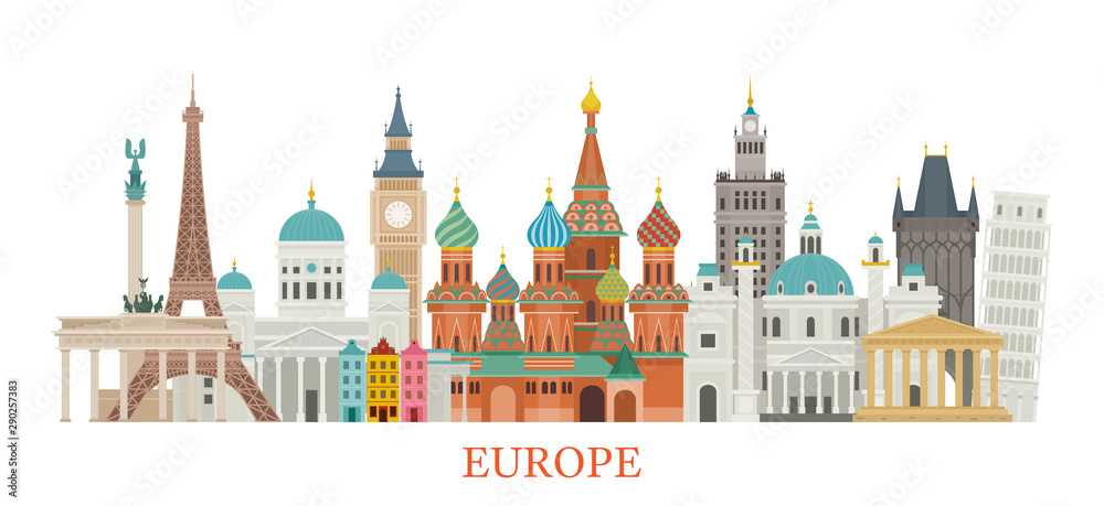 Obraz premium Europe Skyline Landmarks in Flat Style