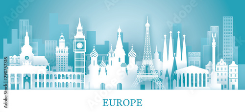 Europe Skyline Landmarks in Paper Cutting Style photo