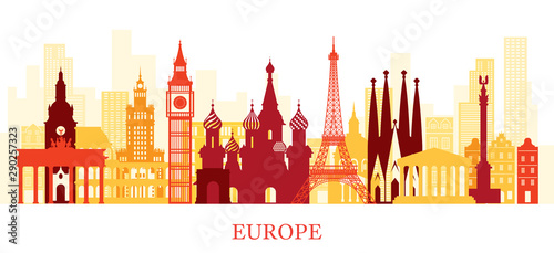 Europe Skyline Landmarks Colorful Silhouette