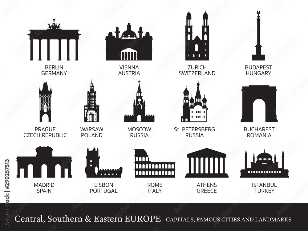 Central, Southern and Eastern Europe Cities Landmarks Silhouette