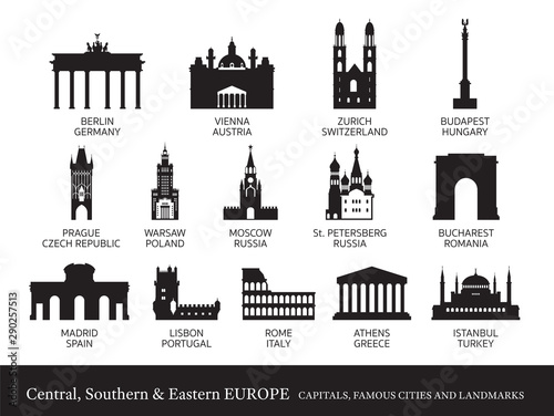 Central, Southern and Eastern Europe Cities Landmarks Silhouette