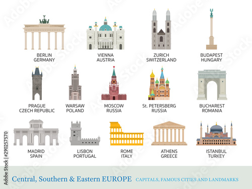 Central, Southern and Eastern Europe Cities Landmarks in Flat Style