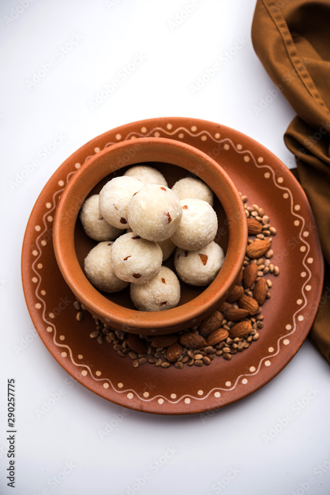 Rava Laddu or Semolina Laddoo Or Rawa Ladu, a popular sweet dish from Maharashtra, India Rava Laddu or Semolina Laddoo Or Rawa Ladu, a popular sweet dish from Maharashtra, India
