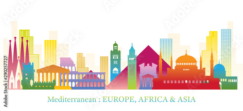 Mediterranean Skyline Landmarks Colorful Silhouette