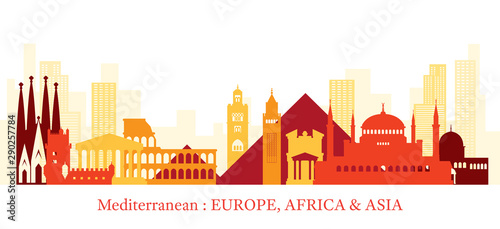 Mediterranean Skyline Landmarks Colorful Silhouette