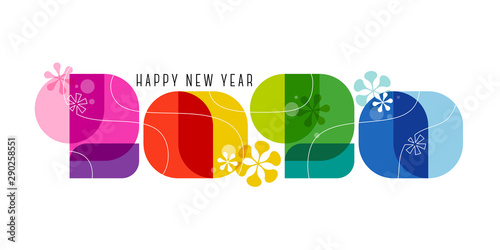 Happy New Year 2020 greeting card. Colorful numbers with abstract vintage decoration isolated on white background. Elegant vector illustration in 60s retro style