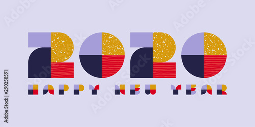 Happy New Year 2020 greeting card. Vintage texture numbers with abstract scribbles and patterns on light purple background. Elegant vector illustration in retro