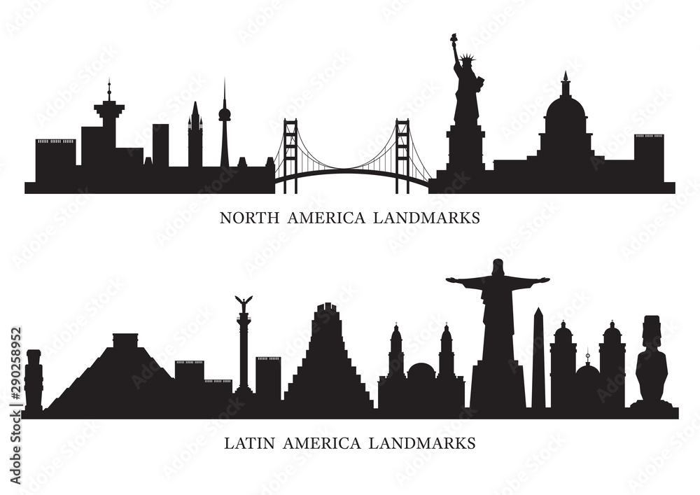 North, South and Latin America Skyline Landmarks Silhouette