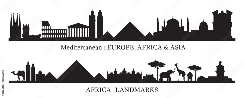 Mediterranean and Africa Skyline Landmarks Silhouette