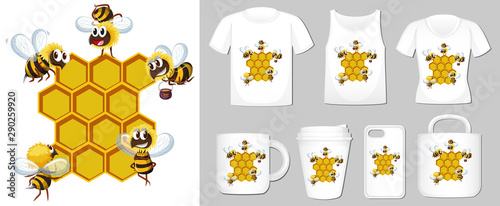 Graphic of bee and beehive on different product templates