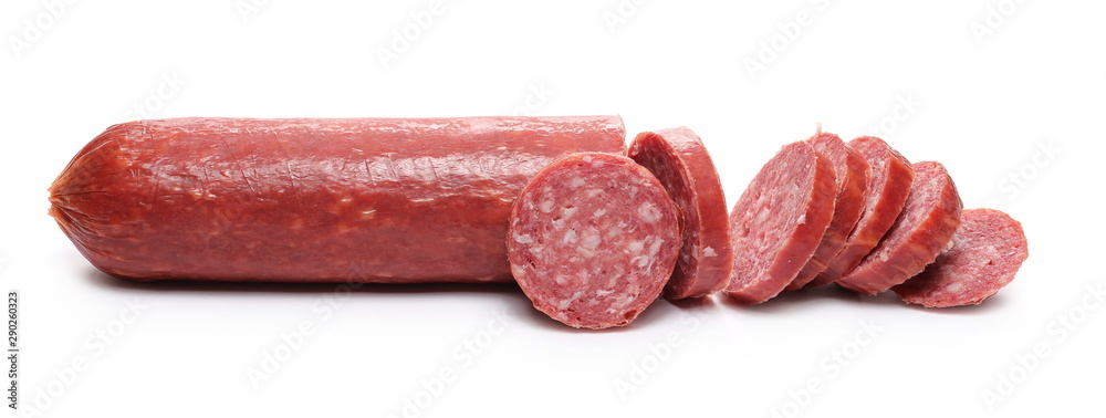 Fermented semi-dry, smoked sausage salami slices isolated on white background Fermented semi-dry, smoked sausage salami slices isolated on white background