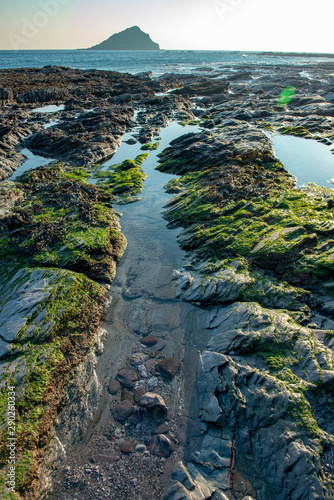 Rock pools on Wembury beach with the Mewstone in the background photo