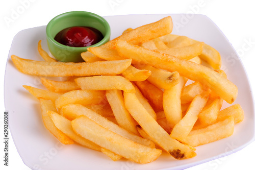 French fries with ketchup on white background.