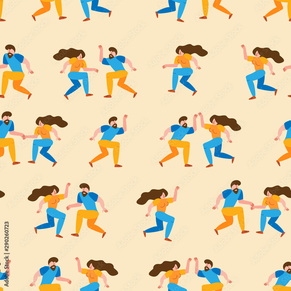 Seamless pattern dancing couple spend time together. Happy cartoon characters of people in 50s retro style. Romantic characters people activity illustration. Flat simple vector illustration