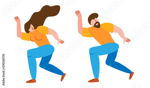 A pair of characters people in love dancing a joyful and enthusiastic dance together in a flat style on a white background isolated