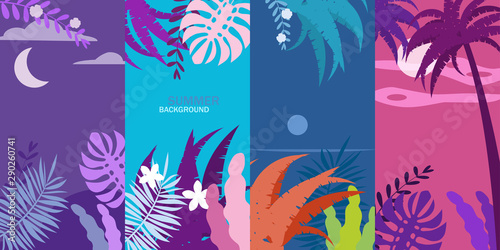 Set summer tropical template backgrounds stories with palms, sky and sunset