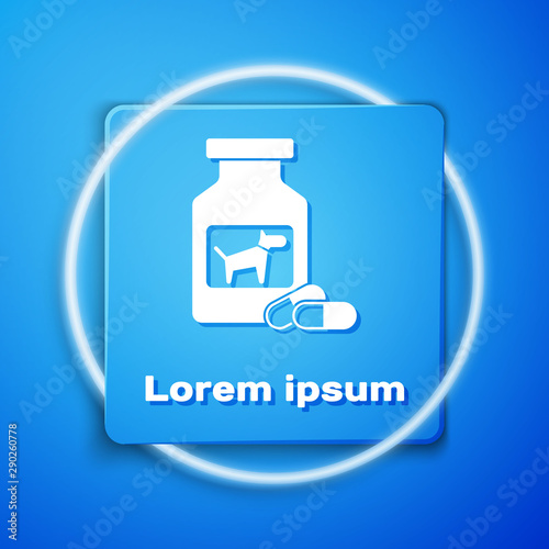 White Dog medicine bottle and pills icon isolated on blue background. Container with pills. Prescription medicine for animal. Blue square button. Vector Illustration